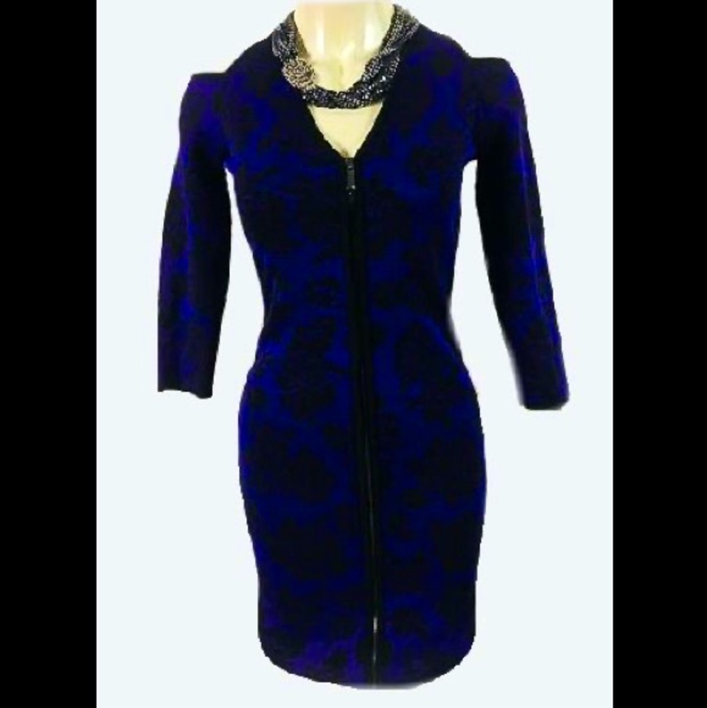 Royal Blue & Black Cold-Shoulder Knit Dress, with front zipper detail by Cache’